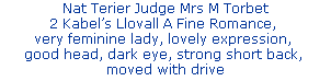 Nat Terier Judge Mrs M Torbet











2 Kabels Llovall A Fine Romance, 











very feminine lady, lovely expression, 











good head, dark eye, strong short back, 











moved with drive